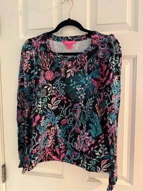 Lilly Pulitzer Black Long Sleeve Top with Teal & Pink Botanical Print